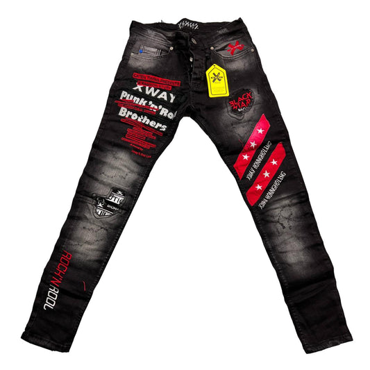 Black All Over Patched Skinny Fit Distress Jeans By X Way